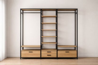 Metal Frame Open Wardrobe with Wood Shelves and Drawers
