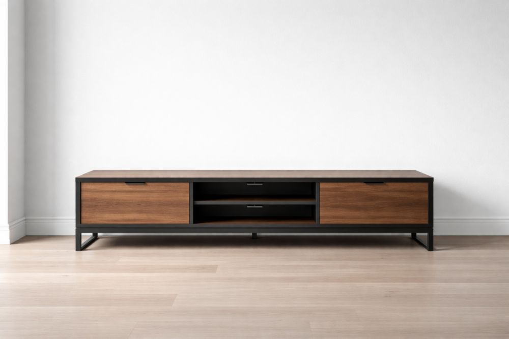 Modern Rectangular Wood and Metal TV Stand Brown Black