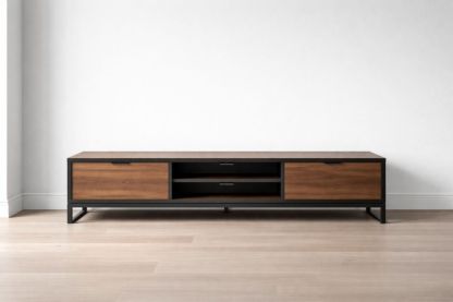 Modern Rectangular Wood and Metal TV Stand Brown Black