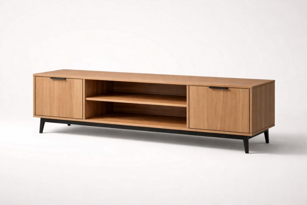 Oak Veneer TV Stand with Black Metal Legs