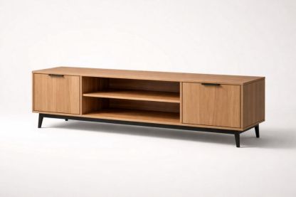 Oak Veneer TV Stand with Black Metal Legs