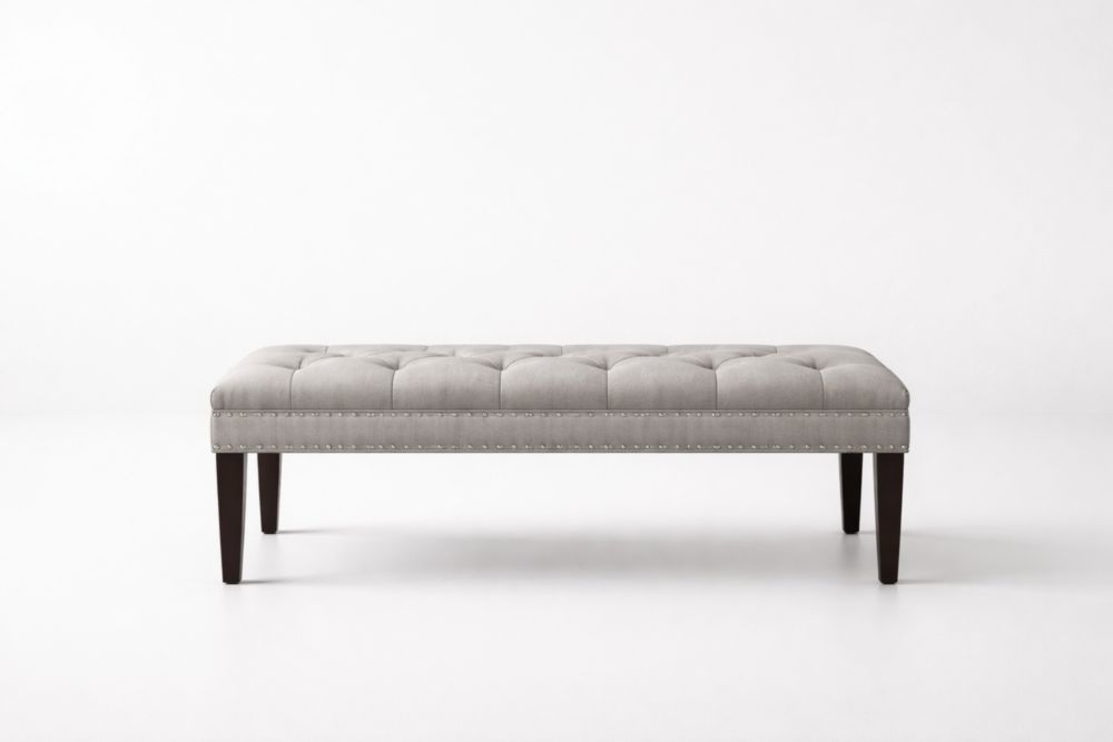 Gray Linen Tufted Upholstered Bench with Dark Wood Legs