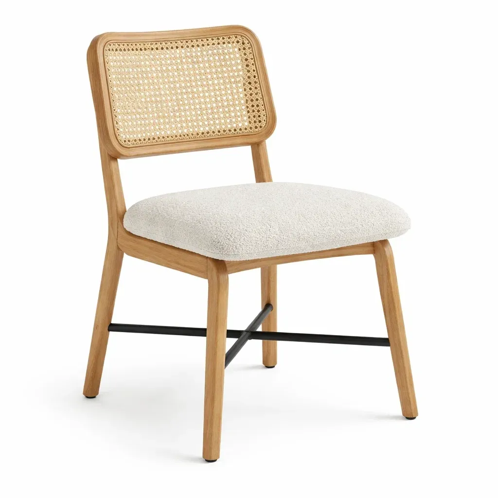 Dining chair Oak Rattan Back with Cream Upholstered Seat-SOFOLUXE
