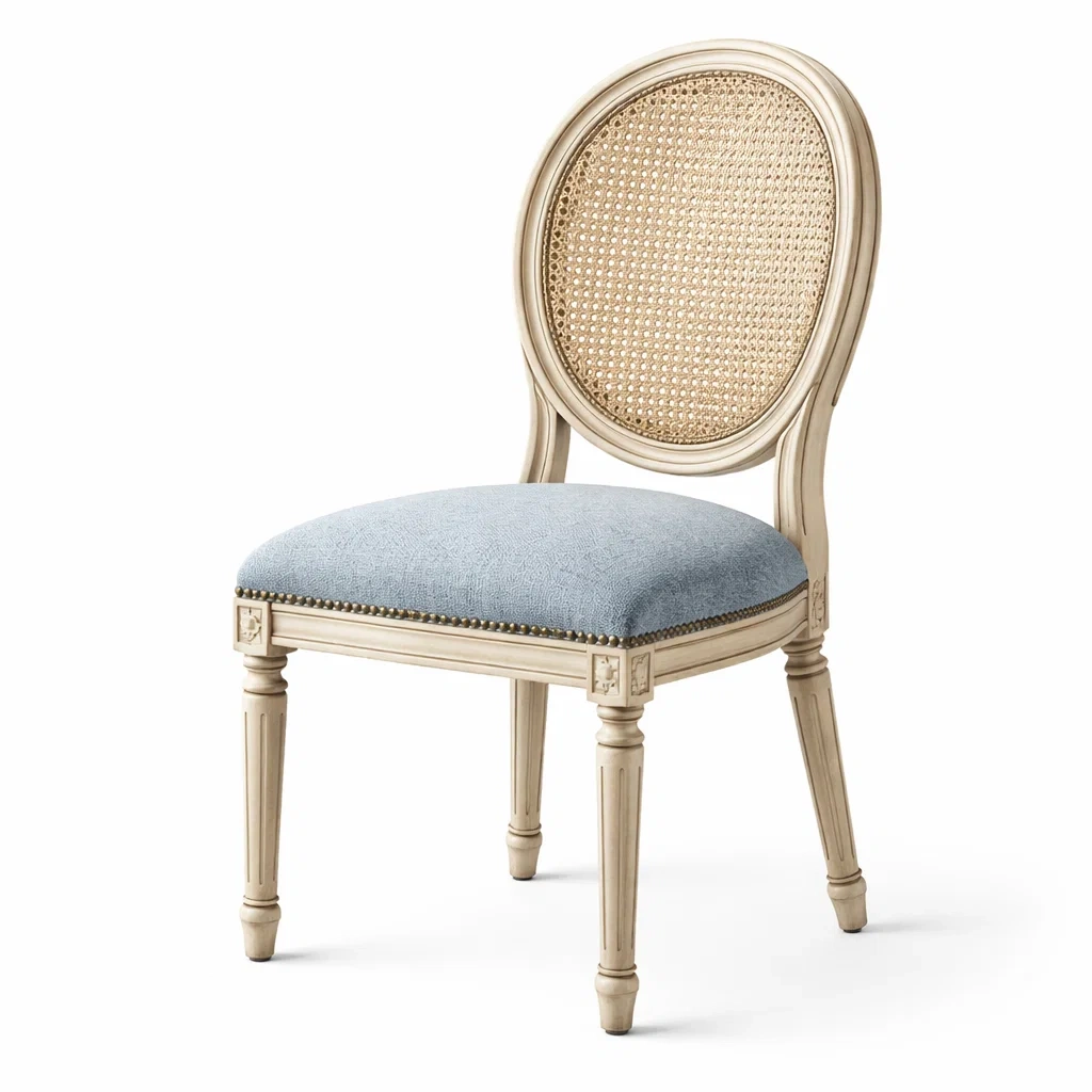 Dining chair Rattan Back Oval Pine Wood with Blue Seat-SOFOLUXE