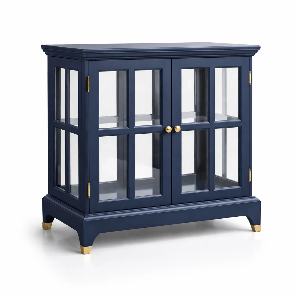 Display cabinet Navy Blue Wood Glass with Gold Accents-SOFOLUXE