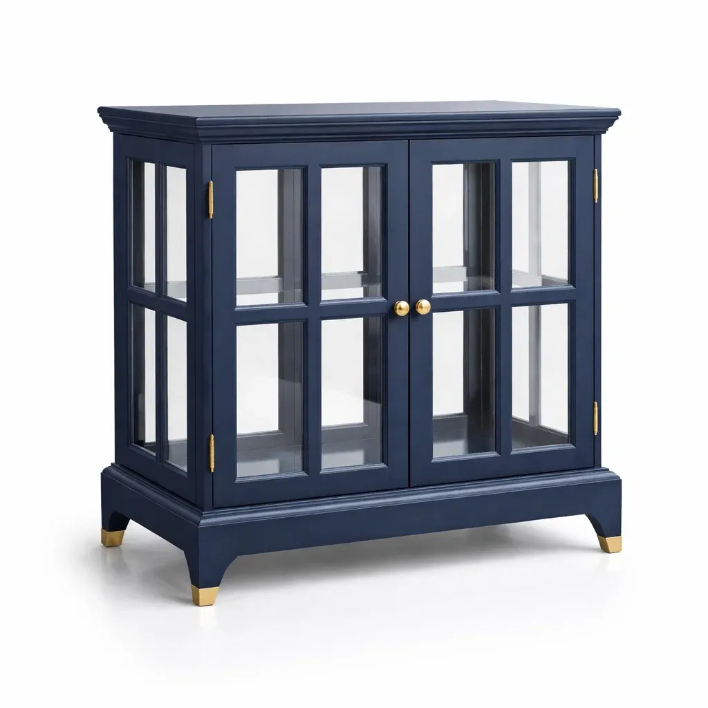 Display cabinet Navy Blue Wood Glass with Gold Accents-SOFOLUXE