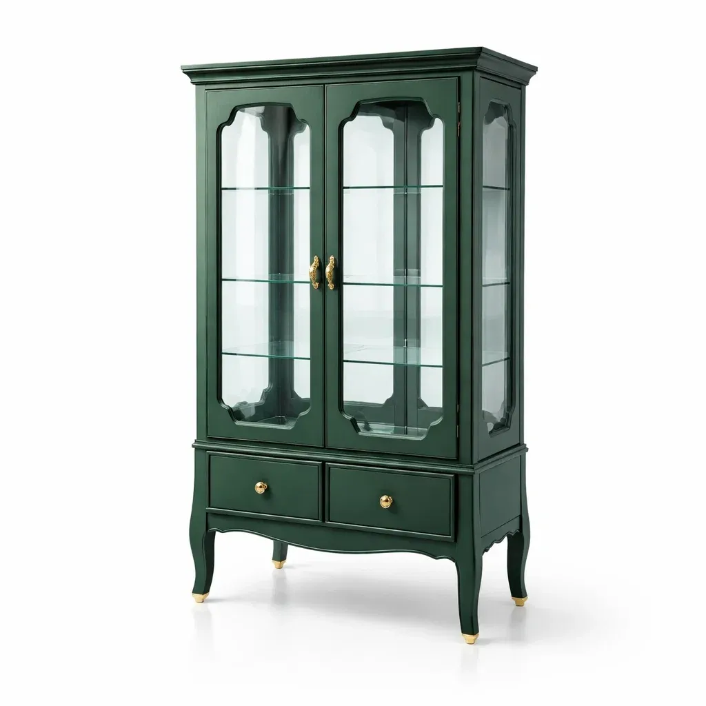 Display cabinet Dark Green Glass Door with Shelves and Drawers-SOFOLUXE