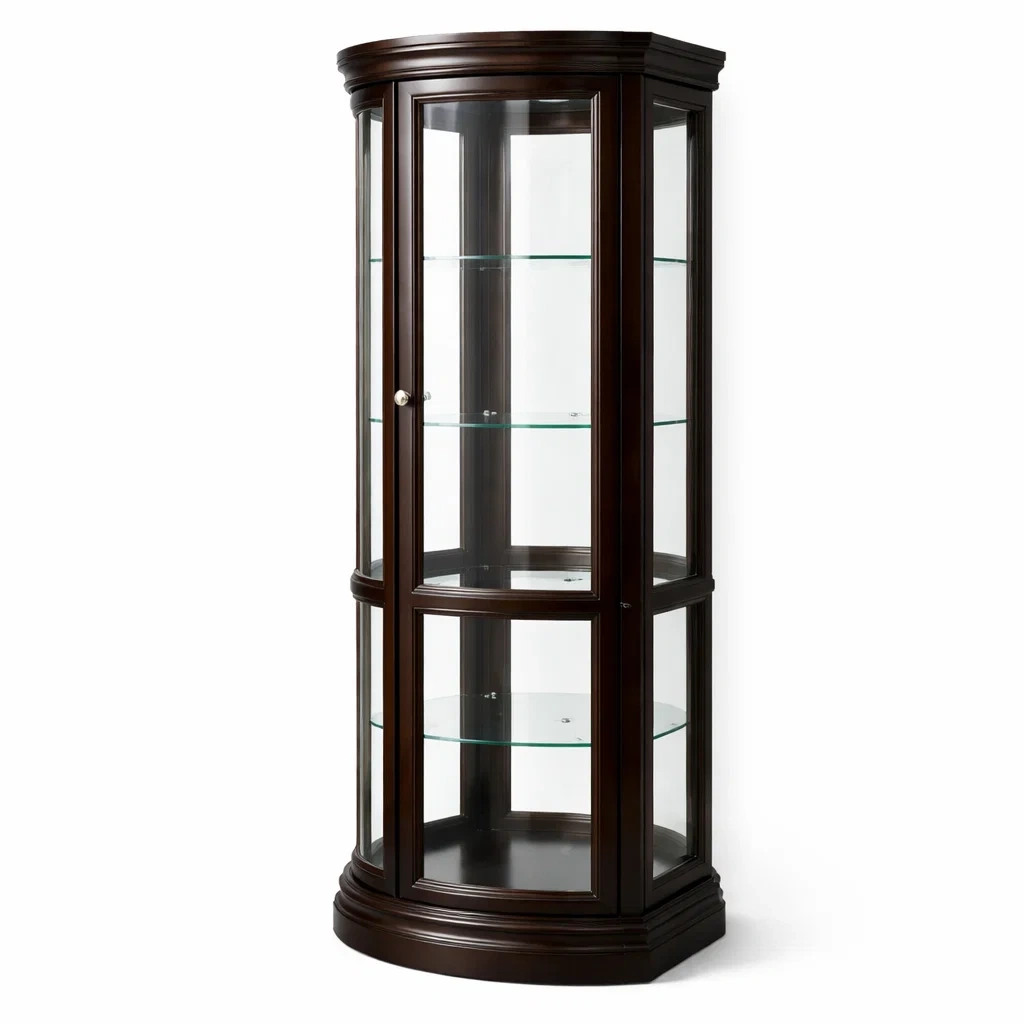 Display cabinet Dark Brown Wooden Corner with Tempered Glass Shelves-SOFOLUXE