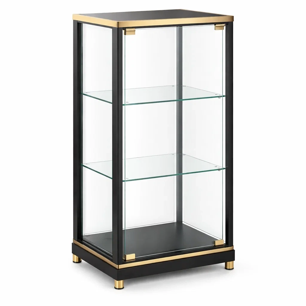 Display cabinet Black Metal with Glass Shelves and Brass Accents-SOFOLUXE