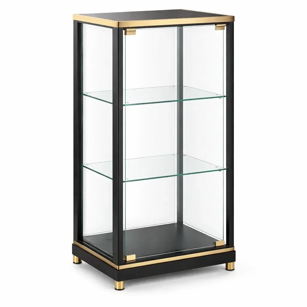 Display cabinet Black Metal with Glass Shelves and Brass Accents-SOFOLUXE