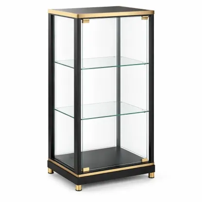 Display cabinet Black Metal with Glass Shelves and Brass Accents-SOFOLUXE