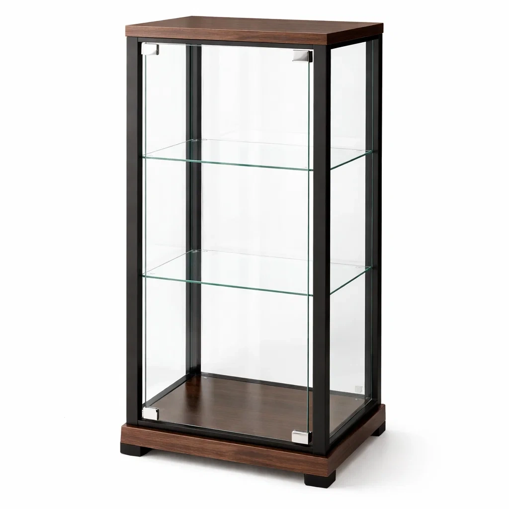 Display cabinet Tempered Glass with Black Steel Frame and Walnut MDF Panels-SOFOLUXE