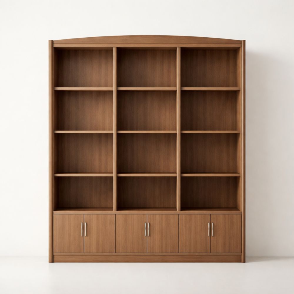 Wooden Bookshelf with Arch Top and Four Cabinet Doors