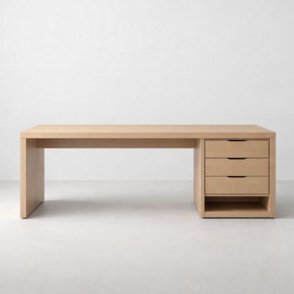 Light-colored wooden office desk with three drawers and a storage unit
