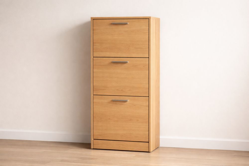 Wooden 3-Tier Shoe Cabinet with Metal Handles Natural Oak 104cm x 63cm x 24cm