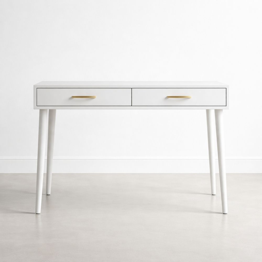 White wooden office desk with two drawers and gold handles, rectangular, 120 cm long