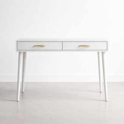 White wooden office desk with two drawers and gold handles, rectangular, 120 cm long
