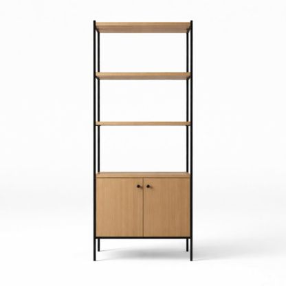 Wooden Metal Frame Bookshelf with Cabinets Natural Black 180cm Height