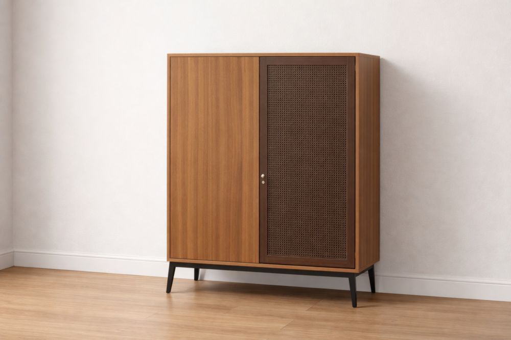 Wood Storage Cabinet with Rattan Door Walnut Finish 100x45x150 cm