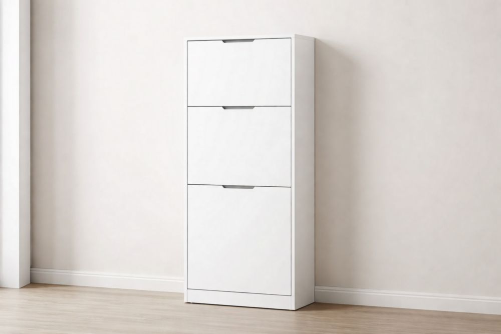 White MDF Three-Tier Shoe Cabinet 113cm x 49cm x 28cm