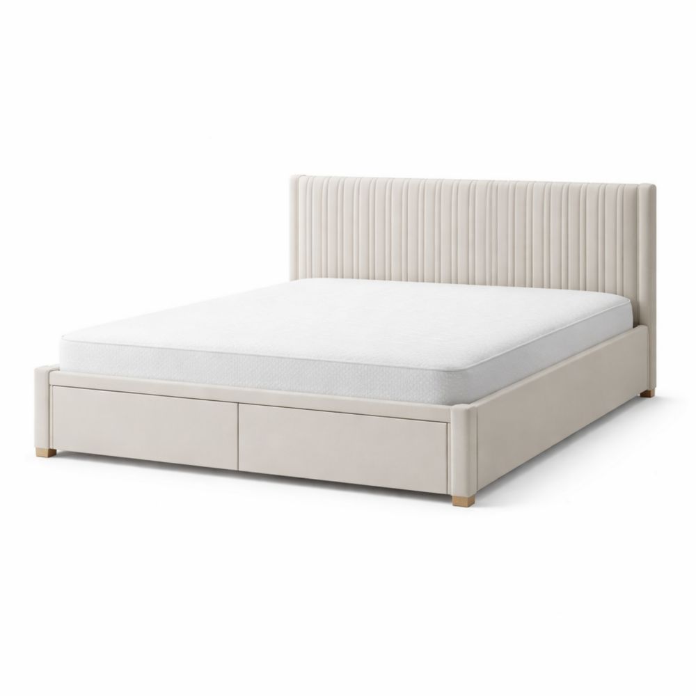 Beige fabric storage bed with drawers, 210 × 160 × 110 cm