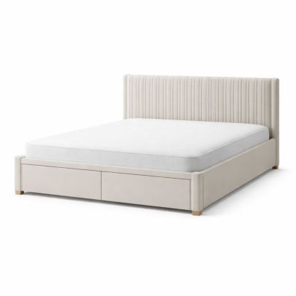 Beige fabric storage bed with drawers, 210 × 160 × 110 cm