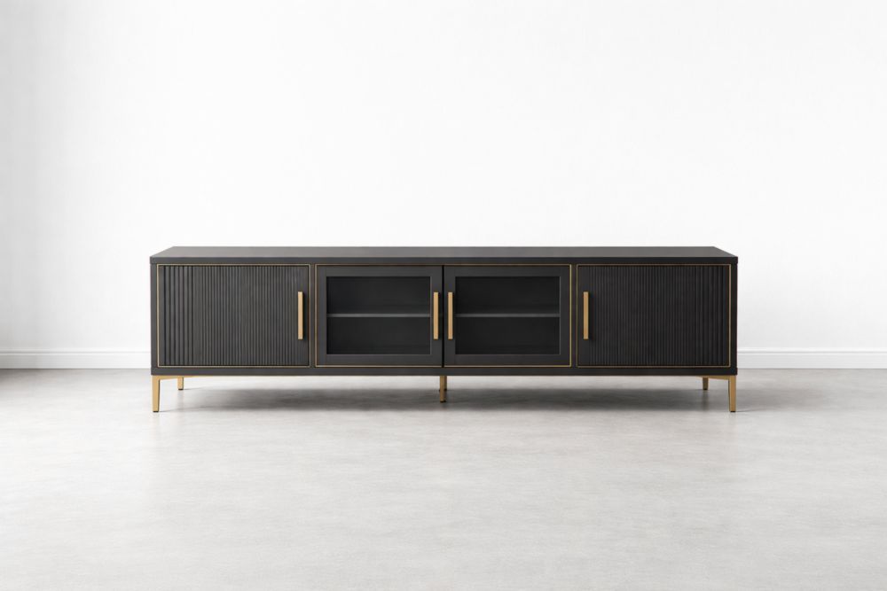 Black Media Console with Gold Accents and Glass Doors