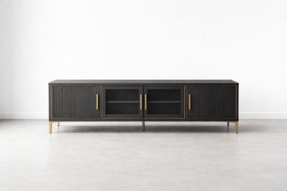 Black Media Console with Gold Accents and Glass Doors
