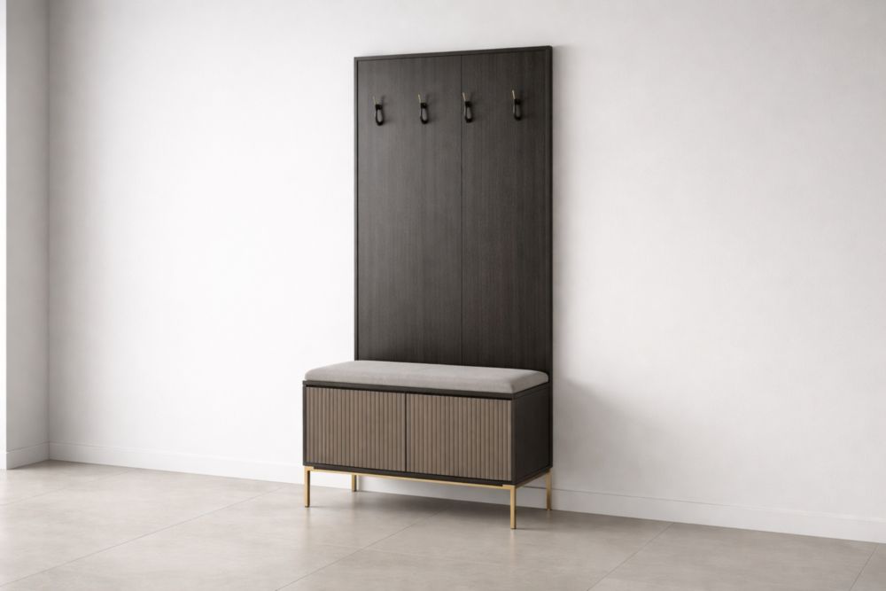 Hall Tree with Bench Storage Hooks Dark Brown Wood and Polyester Fabric