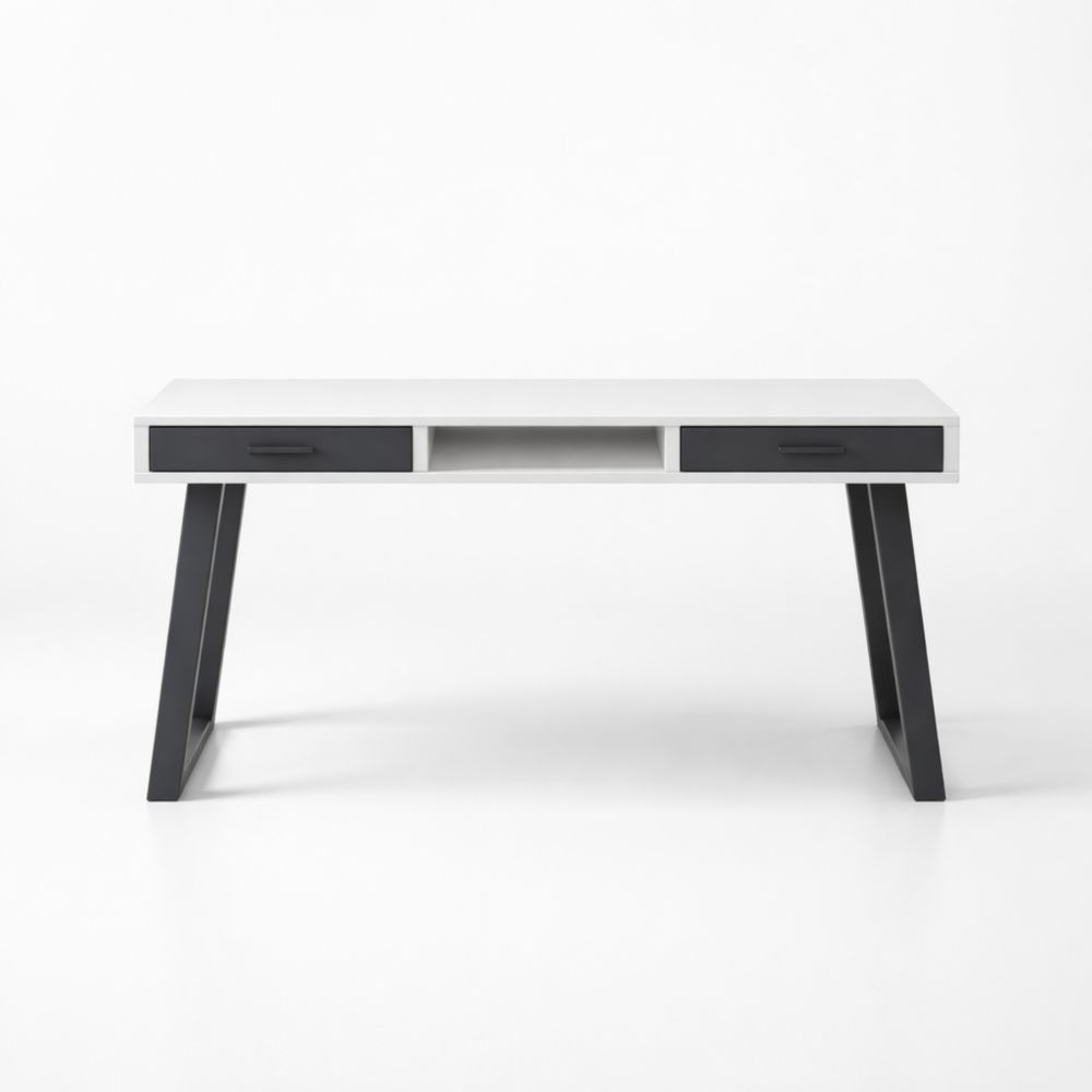 Modern black-and-white rectangular wooden office desk with drawer, 140 cm