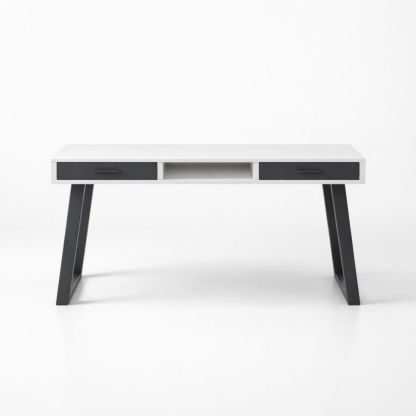 Modern black-and-white rectangular wooden office desk with drawer, 140 cm