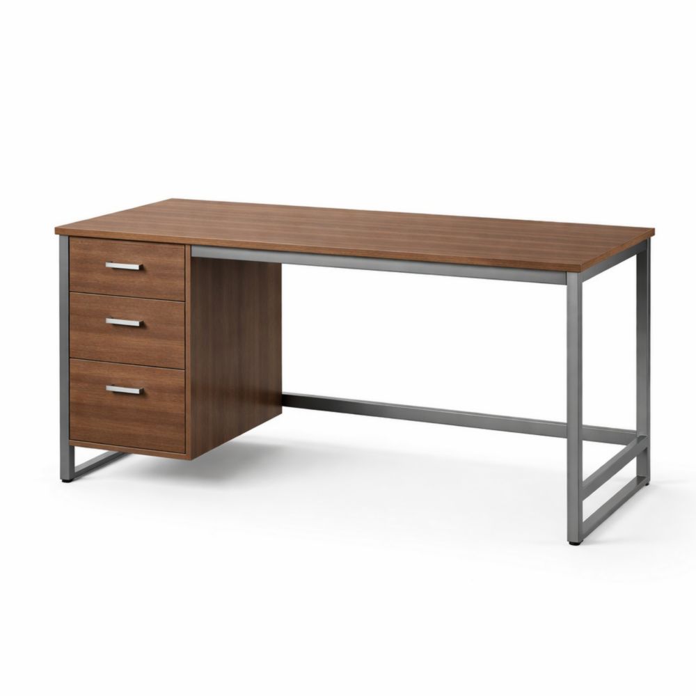 Wood and Metal Office Desk with 3 Drawers Brown 150cm x 70cm x 75cm