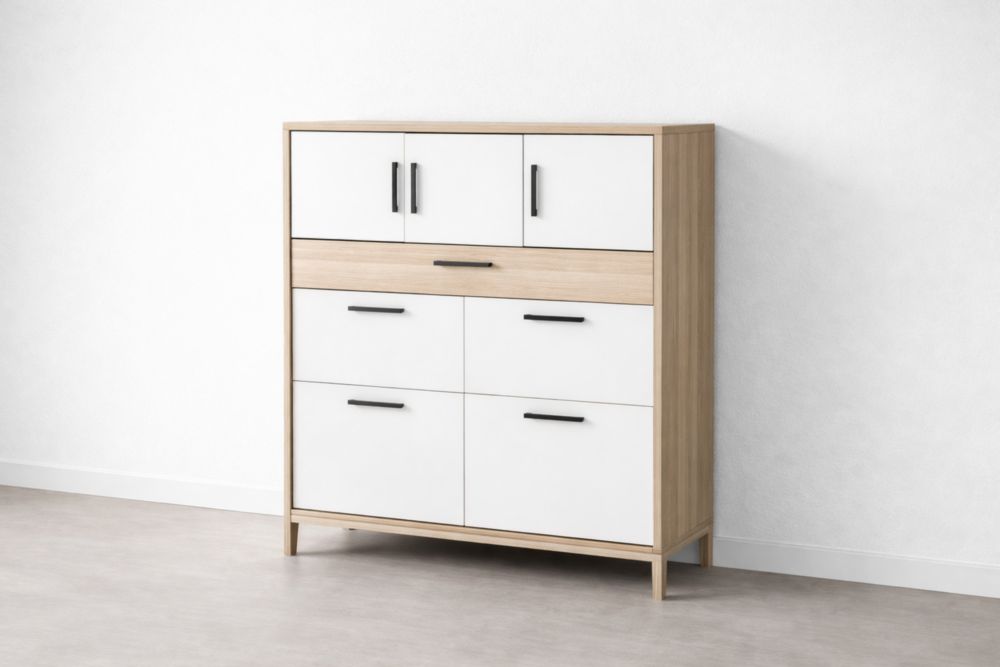 White and Oak Storage Cabinet with Drawers and Shelves