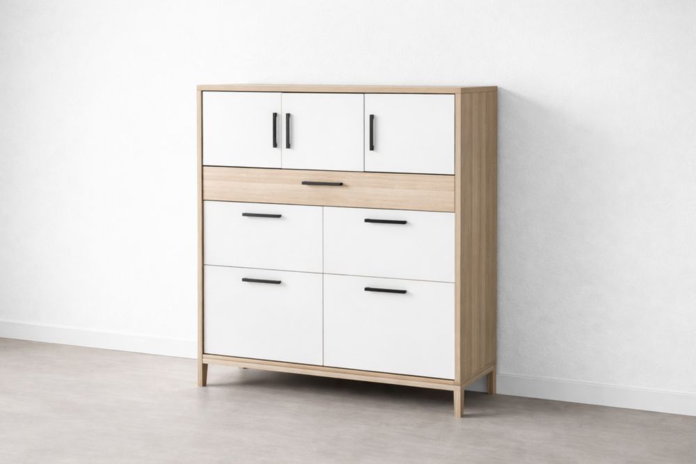 White and Oak Storage Cabinet with Drawers and Shelves