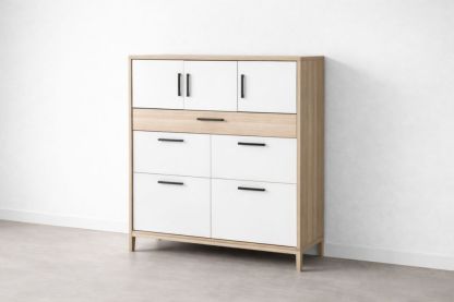 White and Oak Storage Cabinet with Drawers and Shelves