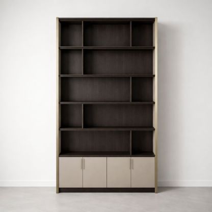 Tall Rectangular Dark Engineered Wood Bookcase with Shelves and Bottom Cabinets
