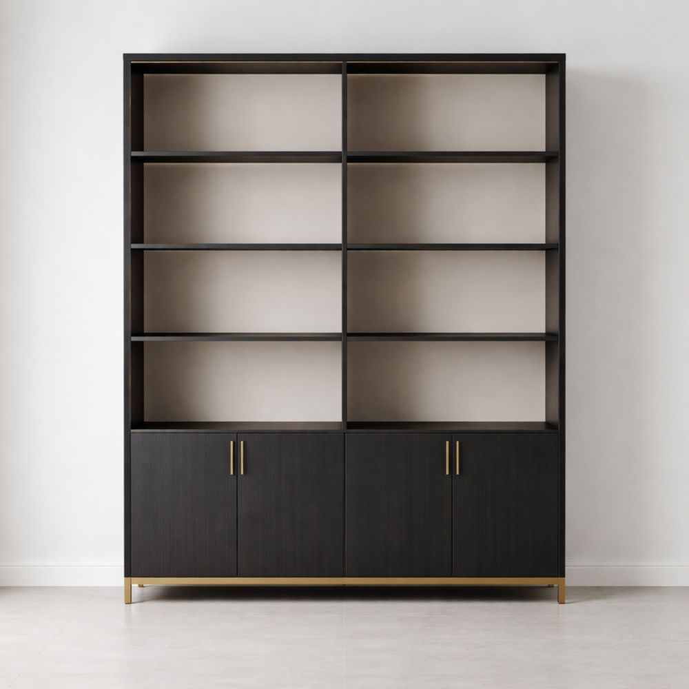 Large Bookshelf with Cabinets Wood Veneer Black