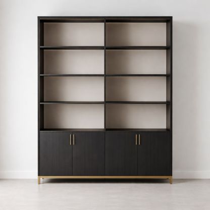 Large Bookshelf with Cabinets Wood Veneer Black