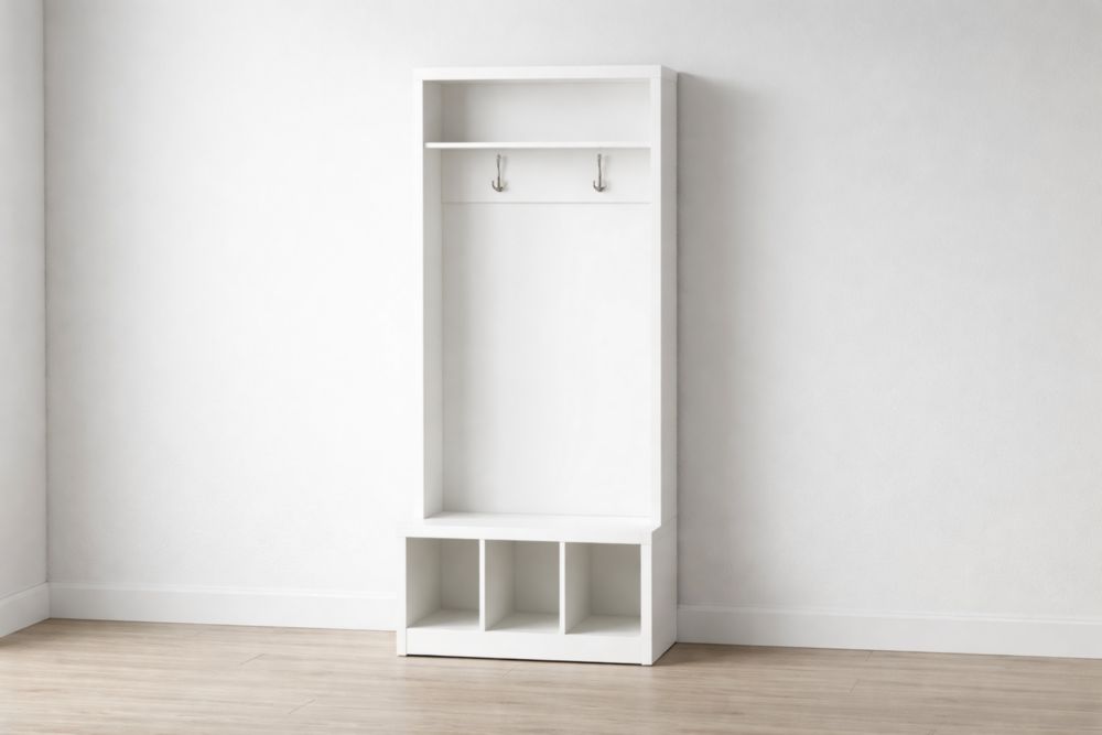 White Wooden Hall Tree with Hooks and Cubbies