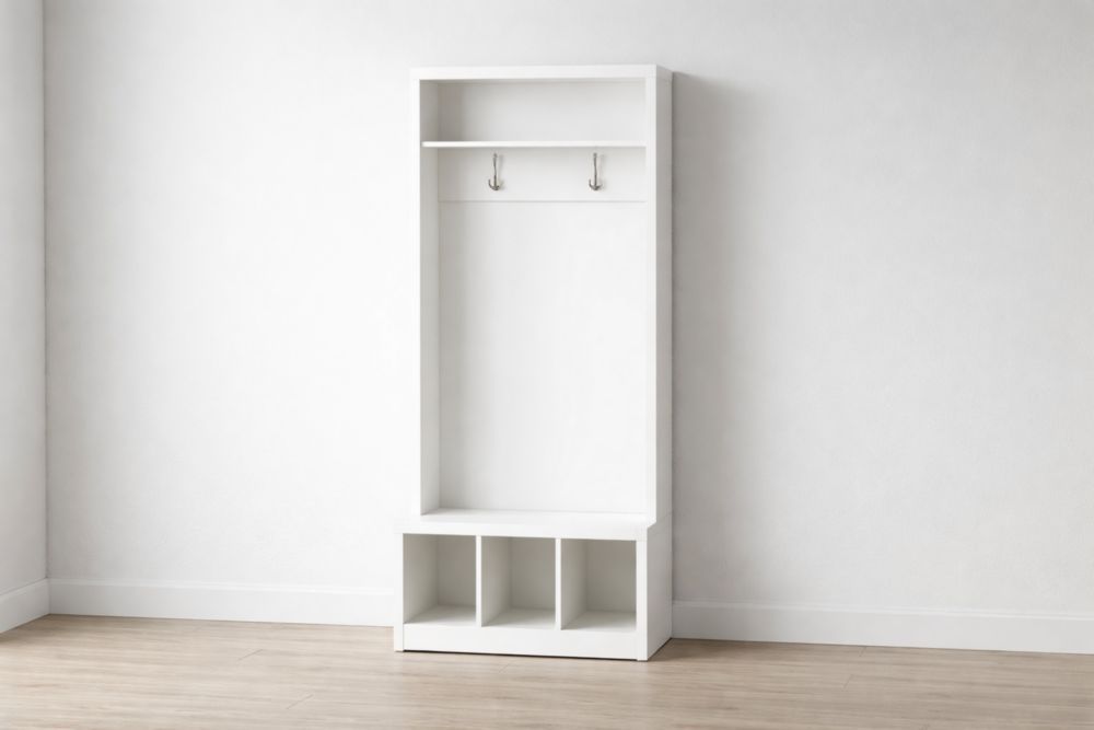 White Wooden Hall Tree with Hooks and Cubbies