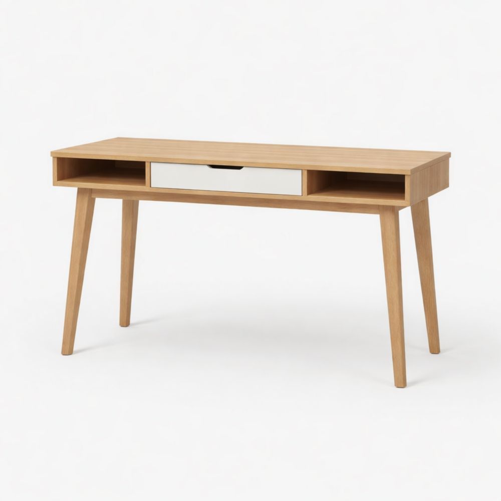 Wooden office desk with white drawers and open shelves, 120 cm × 60 cm × 75 cm