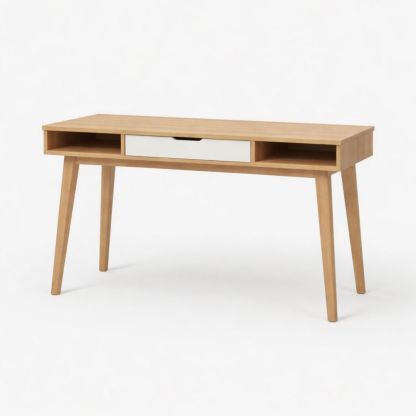 Wooden office desk with white drawers and open shelves, 120 cm × 60 cm × 75 cm