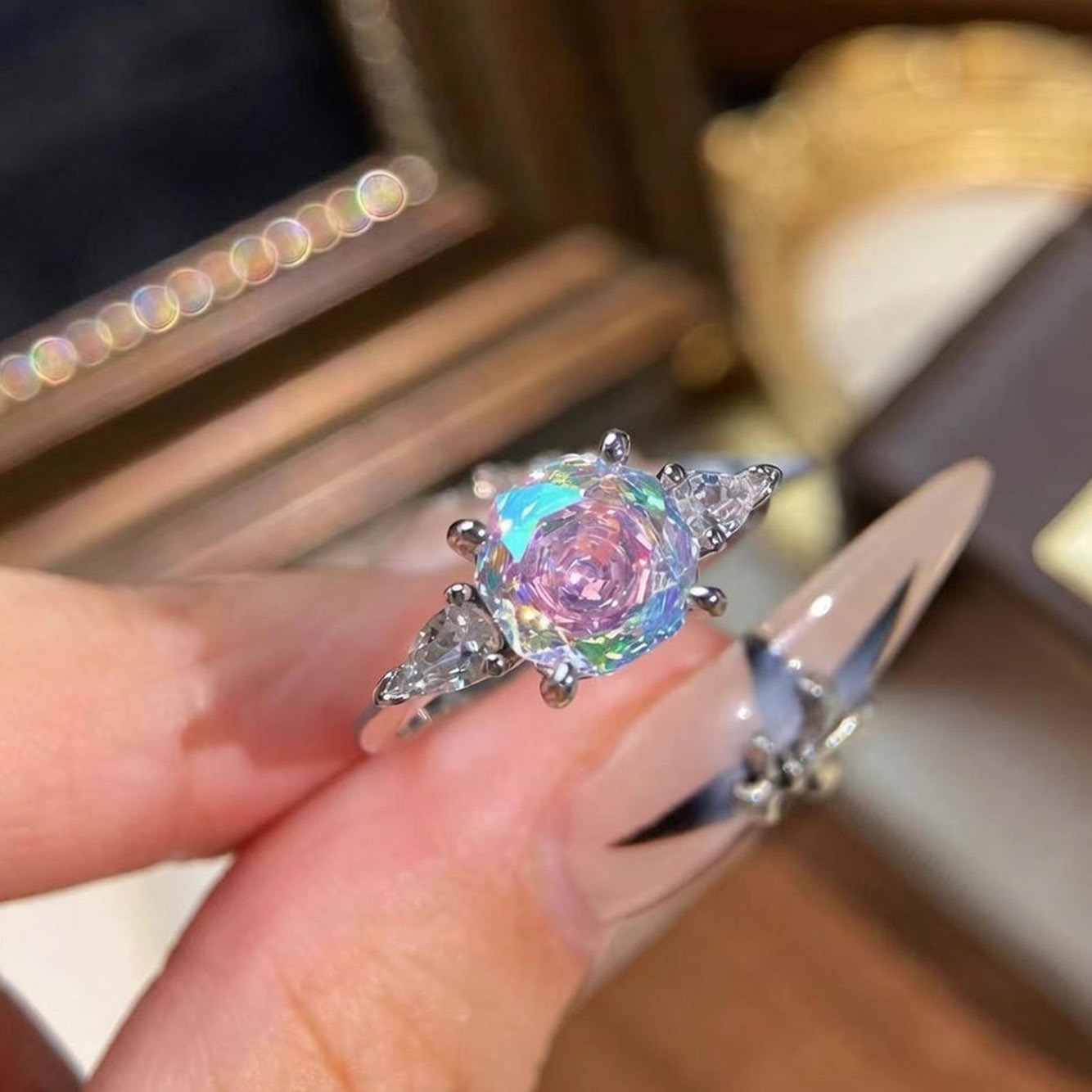 Rose Cut Zirconia Open Ring - Teardrop