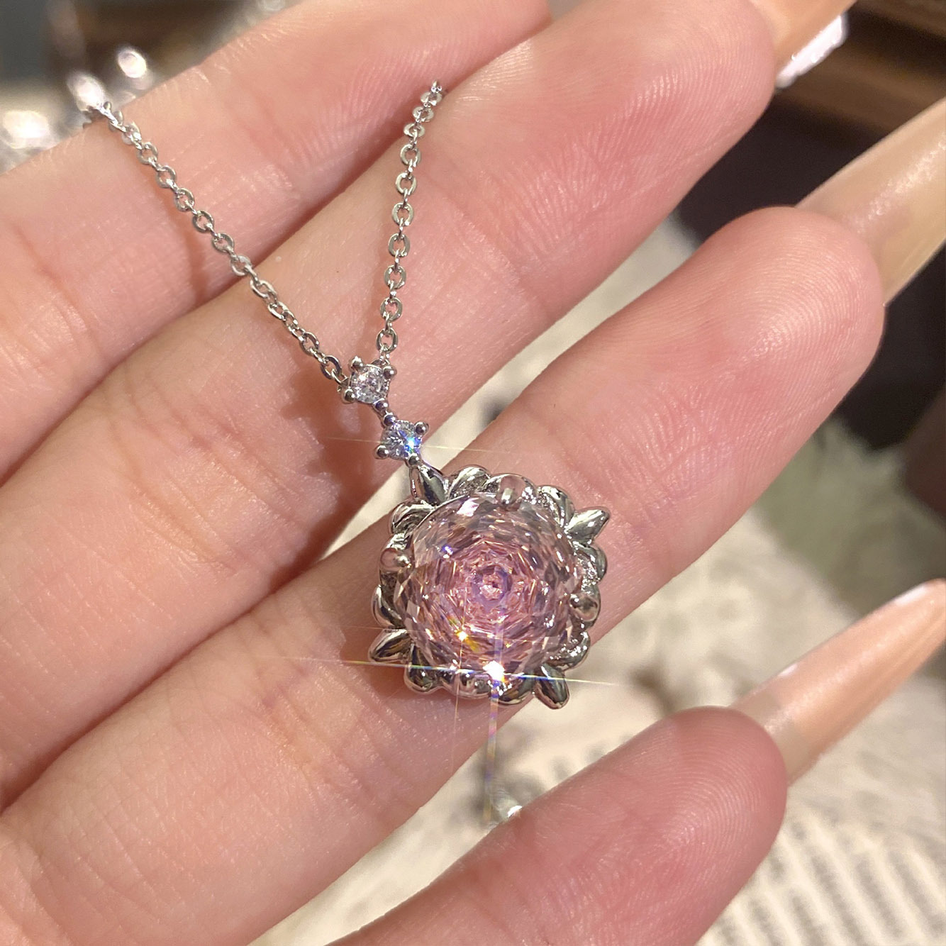 Rose Cut Zirconia Pendant Necklace - Classic Bloom