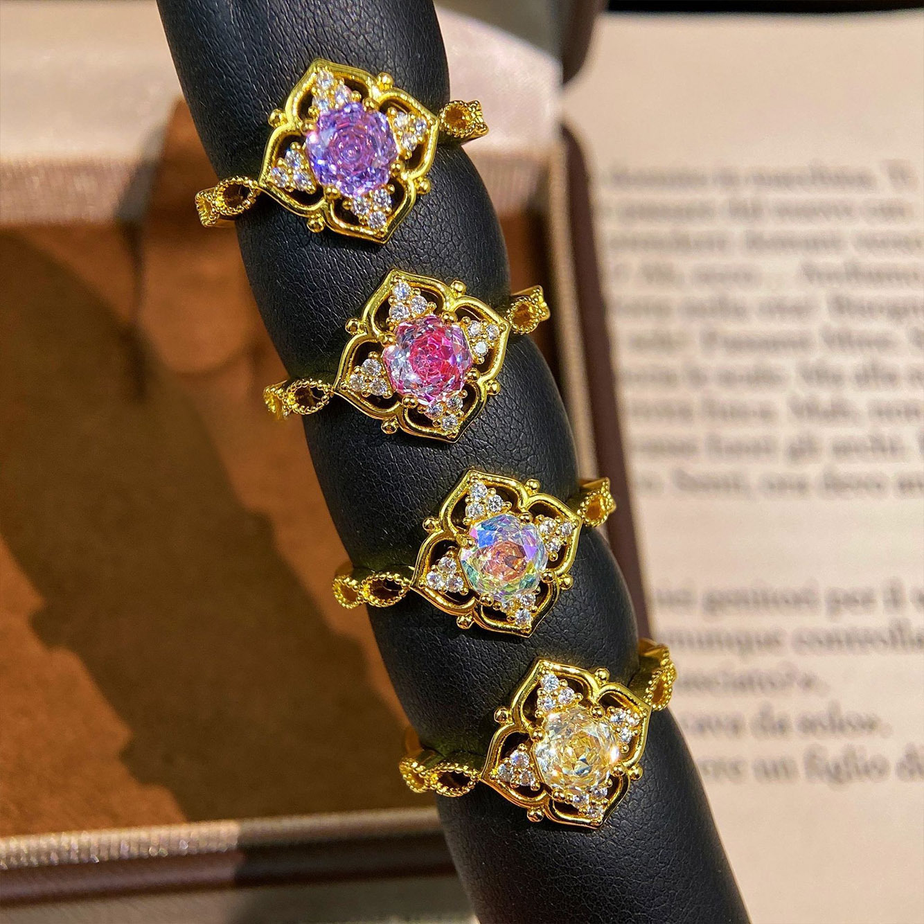 Rose Cut Zirconia Open Ring - Golden Bloom