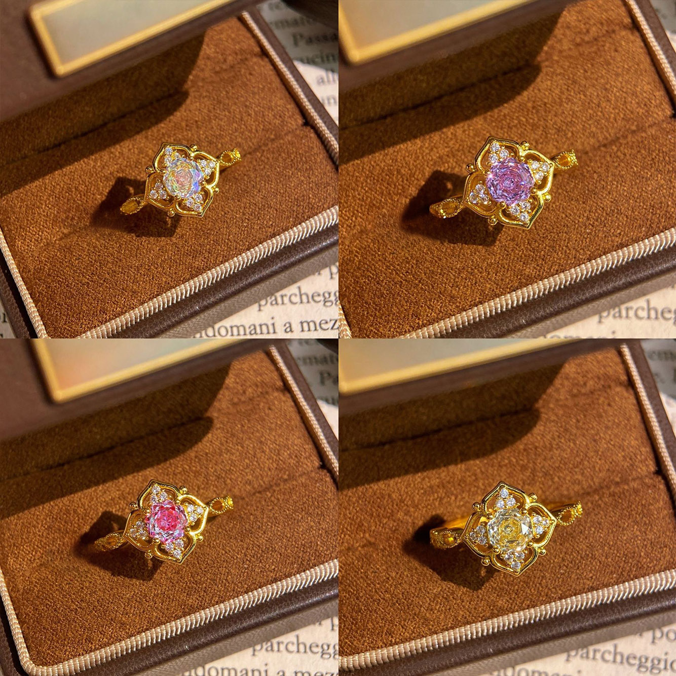 Rose Cut Zirconia Open Ring - Golden Bloom
