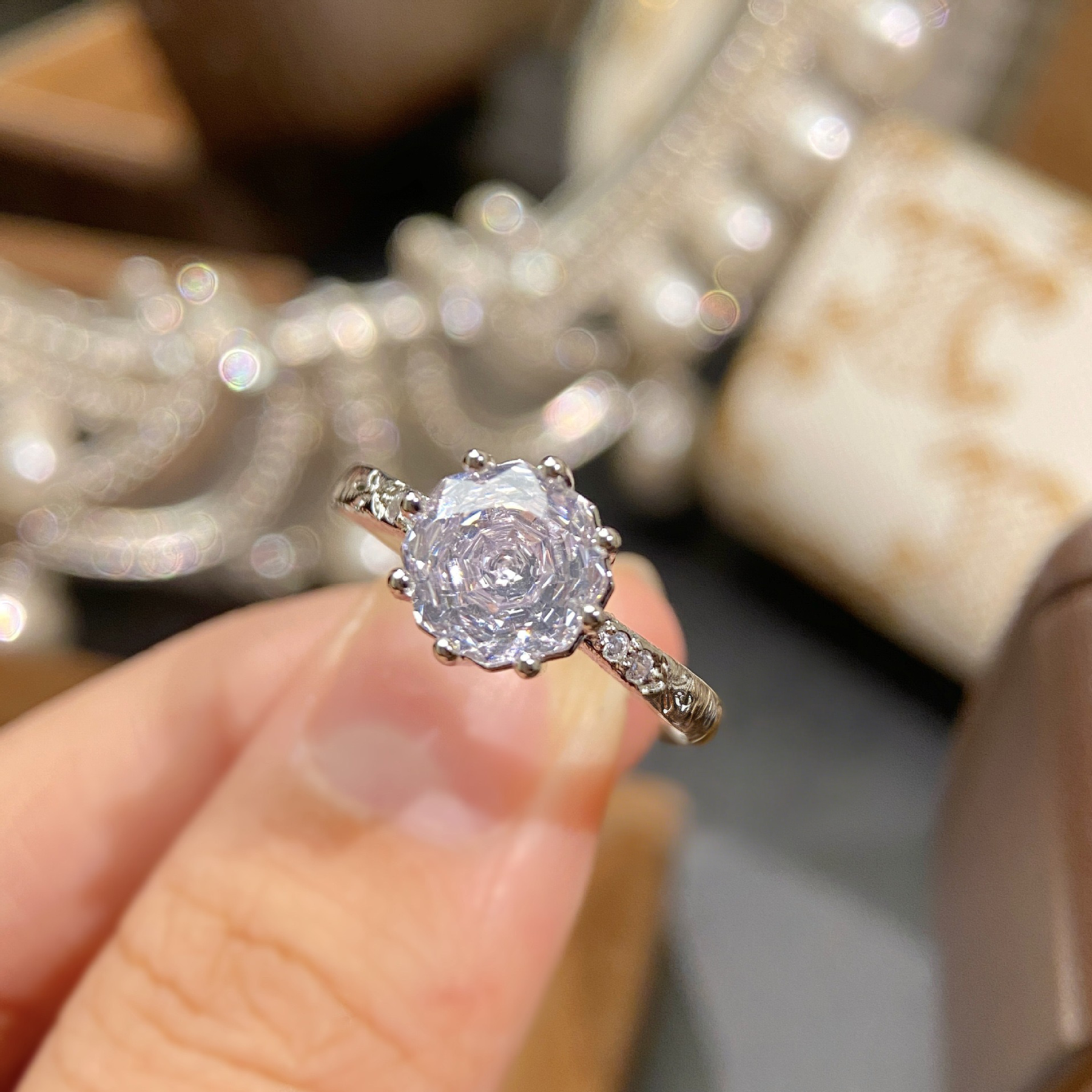 Rose Cut Zirconia Open Ring - Octagonal