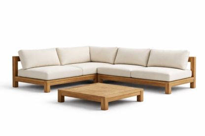 Outdoor Sectional Sofa Set Teak Wood Frame Beige Cushions