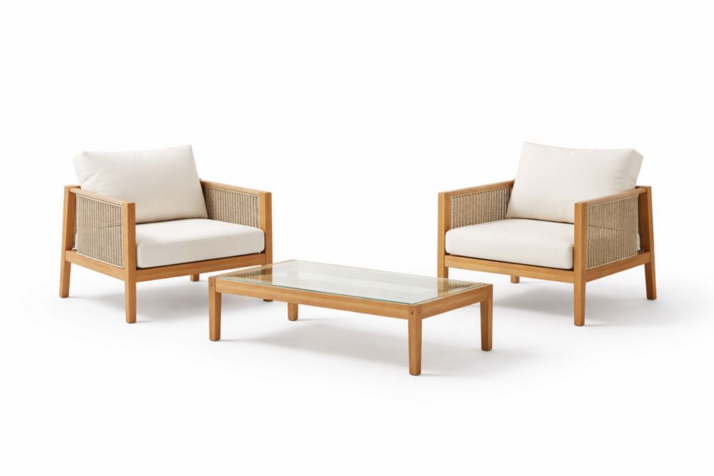 Teak Wood Frame Outdoor Furniture Set with Rattan Armchairs and Glass Coffee Table Beige