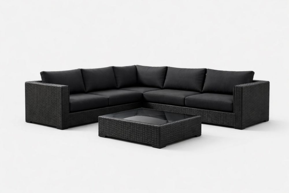 Outdoor Woven Sectional Sofa Set with Tempered Glass Table Black